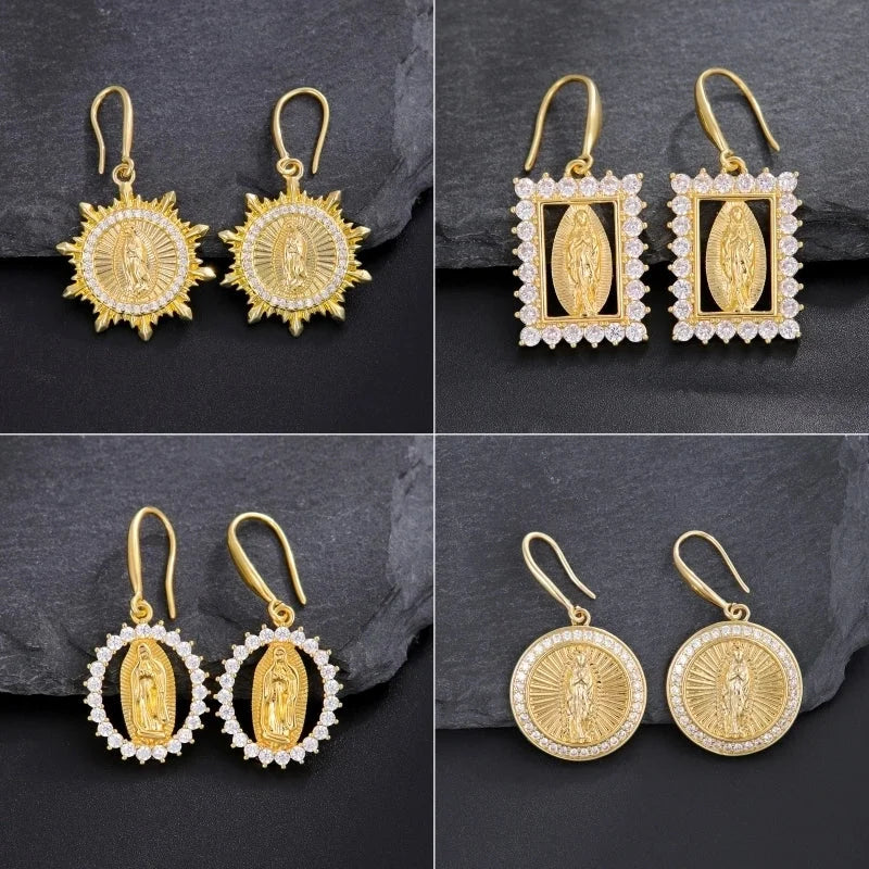 1 Pair Nordic Style Vintage Style Religion Round Oval Rectangle Plating Inlay Copper Zircon 18K Gold Plated Drop Earrings