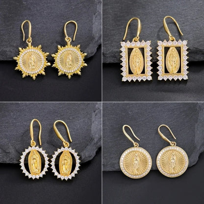 1 Pair Nordic Style Vintage Style Religion Round Oval Rectangle Plating Inlay Copper Zircon 18K Gold Plated Drop Earrings