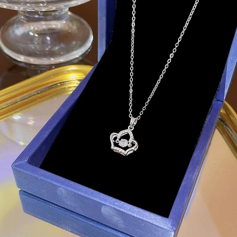 Elegant Classic Style Geometric Moon Bow Knot Titanium Steel Zircon Pendant Necklace