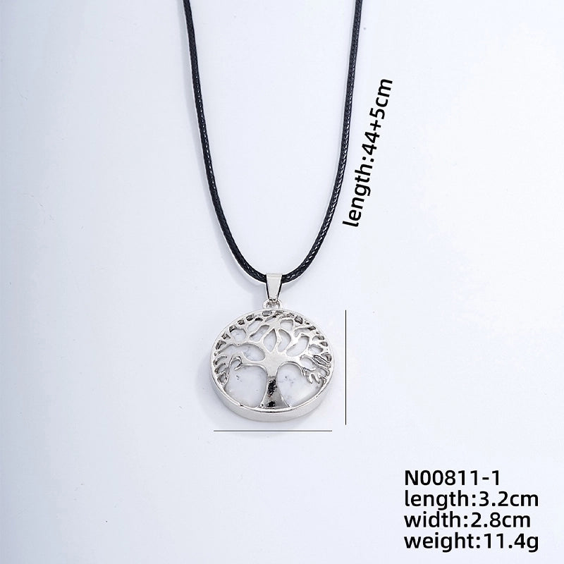 Ig Style Minimalist Round Tree Stainless Steel Natural Stone Leather Rope Inlay Natural Stone Pendant Necklace