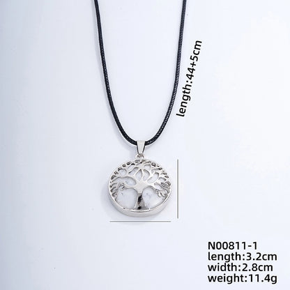 Ig Style Minimalist Round Tree Stainless Steel Natural Stone Leather Rope Inlay Natural Stone Pendant Necklace
