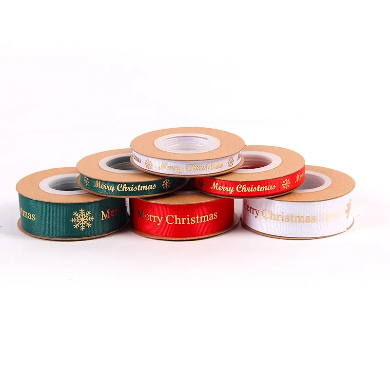 2.5cm Gold Stamping Polyester Ribbon With Flowers Bouquet Gift Wrapping Ribbon Christmas Ribbon With English Text Printed Ribbon