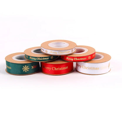 2.5cm Gold Stamping Polyester Ribbon With Flowers Bouquet Gift Wrapping Ribbon Christmas Ribbon With English Text Printed Ribbon