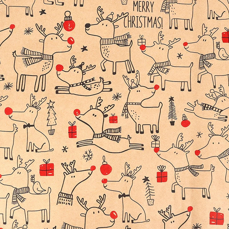Large Size Gift Wrapping Paper Roll Brown Christmas Reindeer Head Elk Green Plaid Gift Box Recyclable Gift Paper