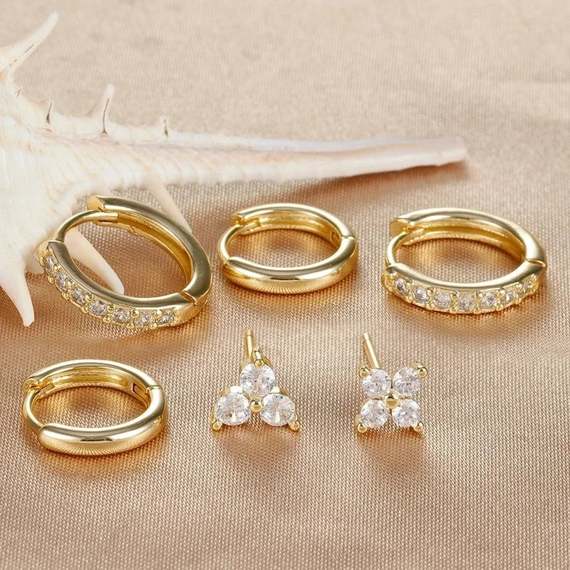 3 Pieces Set IG Style Minimalist Shiny Geometric Inlay Copper Zircon Earrings