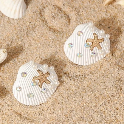 1 Pair Retro Beach Minimalist Starfish Shell Inlay Alloy Rhinestones Pearl Gold Plated Ear Studs