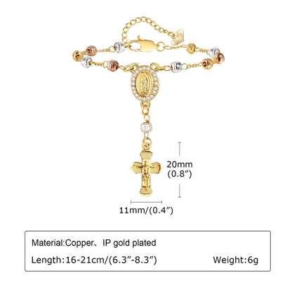Vintage Style Religion Cross Virgin Mary Copper Zircon 18K Gold Plated Inlay Bracelets