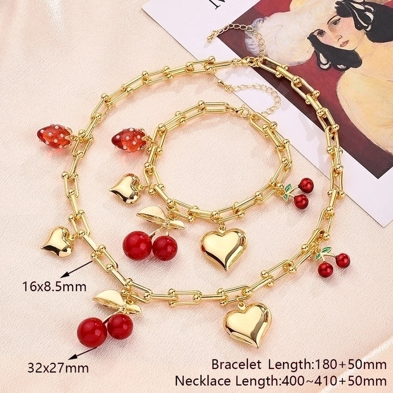 Vintage Style Modern Style IG Style Cherry Fruit Heart Shape Alloy Copper 18K Gold Plated Polishing Enamel Bracelets Necklace Jewelry Set
