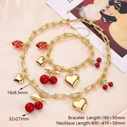 Vintage Style Modern Style IG Style Cherry Fruit Heart Shape Alloy Copper 18K Gold Plated Polishing Enamel Bracelets Necklace Jewelry Set