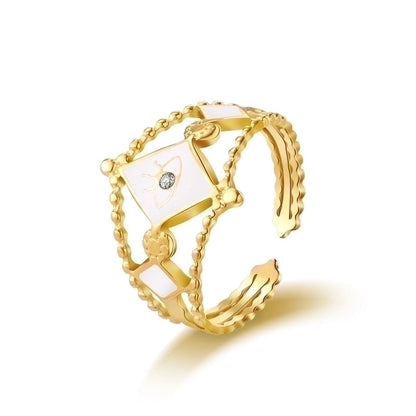 Fashion Round Square 304 Stainless Steel Artificial Gemstones 14K Gold Plated Plating Inlay Open Ring