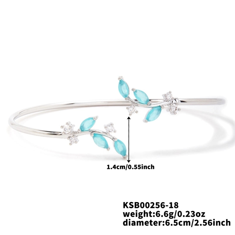 Copper K Gold Plated Shiny Metallic Inlay Geometric Leaf Zircon Bangle