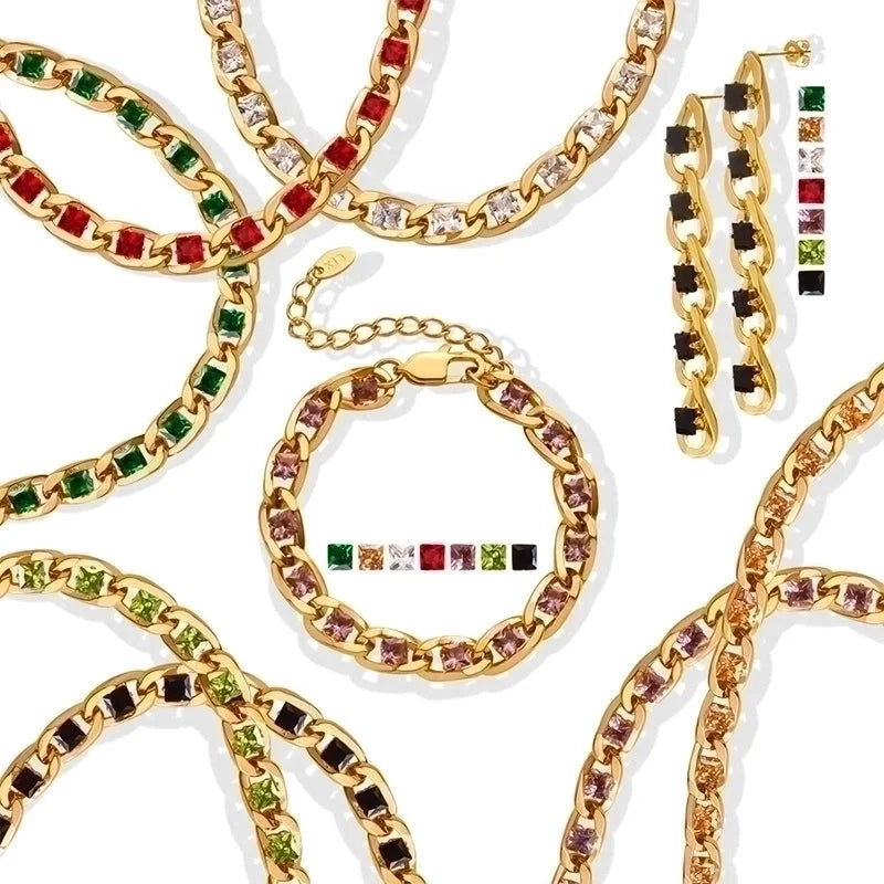 Retro Geometric 304 Stainless Steel Zircon 18K Gold Plated Bracelets Earrings Necklace