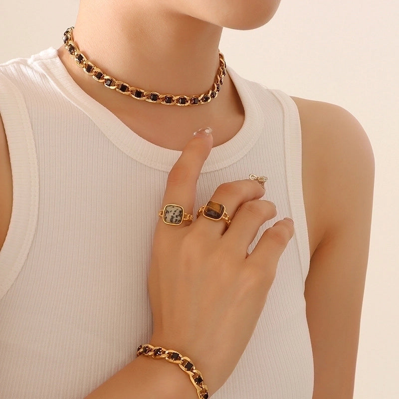 Retro Geometric 304 Stainless Steel Zircon 18K Gold Plated Bracelets Earrings Necklace