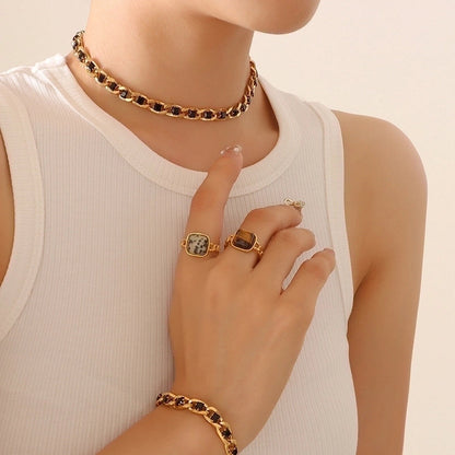 Retro Geometric 304 Stainless Steel Zircon 18K Gold Plated Bracelets Earrings Necklace