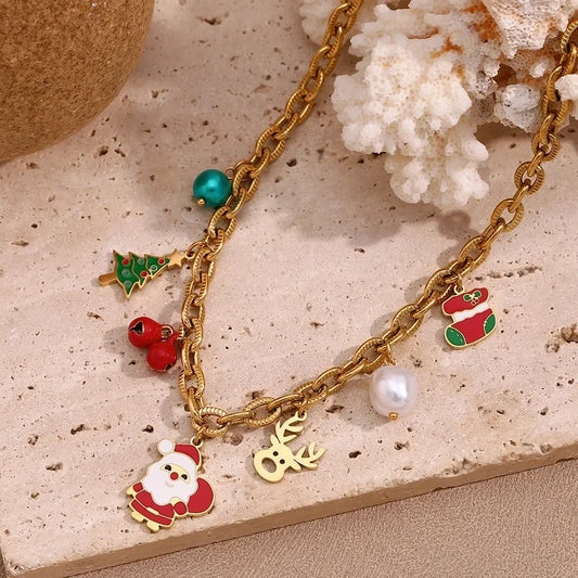 Cute Christmas Tree Santa Claus 304 Stainless Steel 18K Gold Plated Enamel Pearl Plating Pendant Necklace