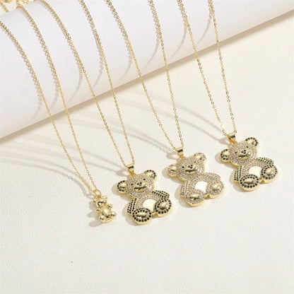 Minimalist Little Bear Brass Plating Inlay Zircon 14k Gold Plated Pendant Necklace