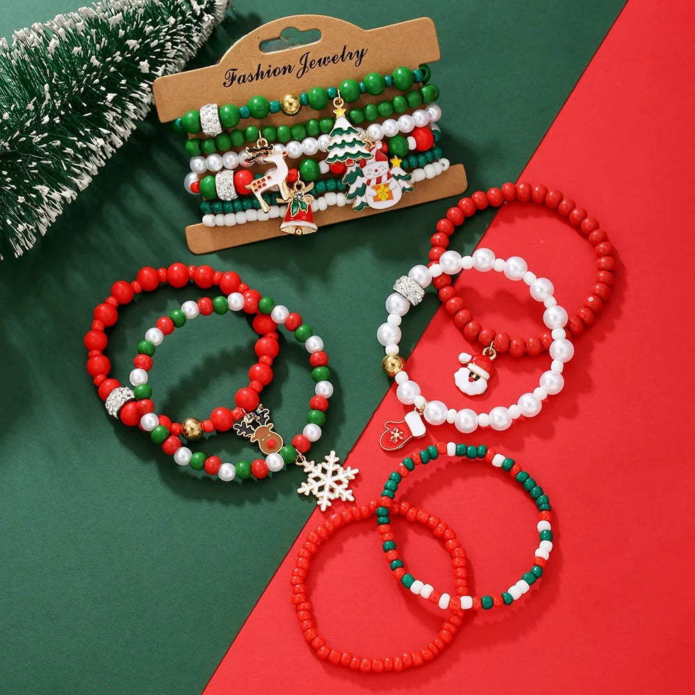 2 Sets Christmas Bracelet Set Christmas Tree Snowflake Bell Alloy Pendant Popular Diamond Ball Beads