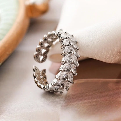 Vintage Style Minimalist Commute Leaf Copper Plating Inlay Zircon 18k Gold Plated Open Rings