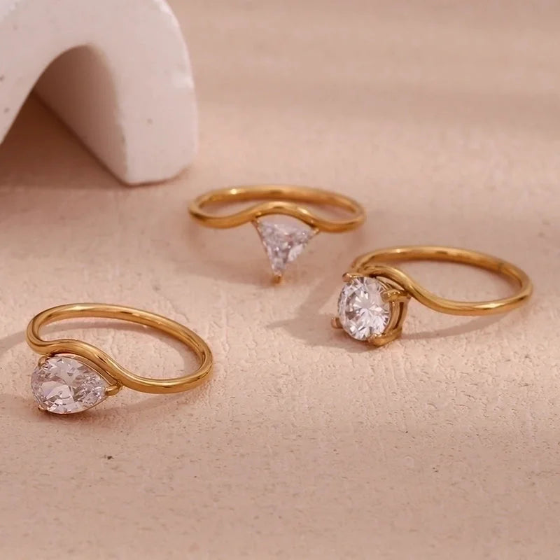 Minimalist Classic Style Triangle Round Water Droplets 304 Stainless Steel Zircon 18K Gold Plated Plating Inlay Rings