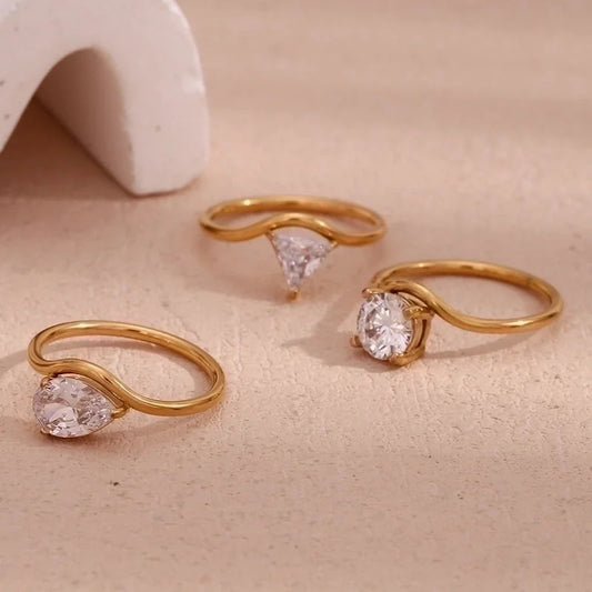 Minimalist Classic Style Triangle Round Water Droplets 304 Stainless Steel Zircon 18K Gold Plated Plating Inlay Rings