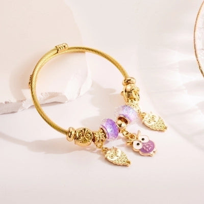 304 Stainless Steel Alloy Gold Plated Cute Romantic Plating Inlay Heart Shape Owl Rhinestones Bangle