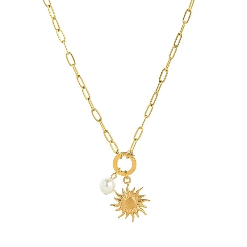 Minimalist Sun Moon Heart Shape 201 Stainless Steel 304 Stainless Steel Zircon 18K Gold Plated Beaded Pendant Necklace