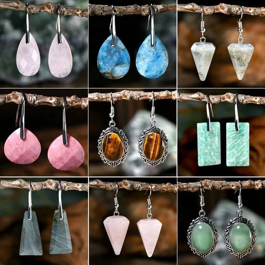 2 Pieces Retro Handmade Geometric Alloy Natural Stone Drop Earrings