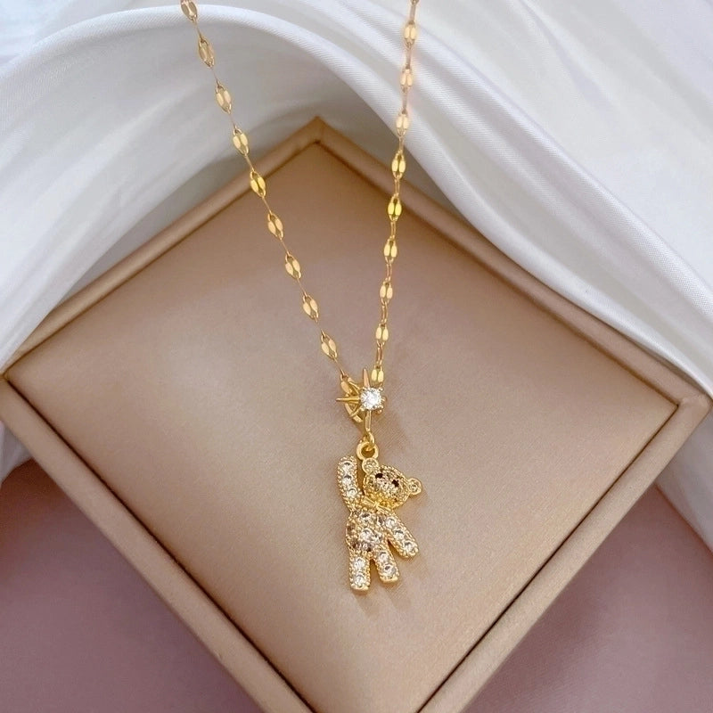 2 Pieces Minimalist Bear Titanium Steel Copper Plating Inlay Zircon Pendant Necklace