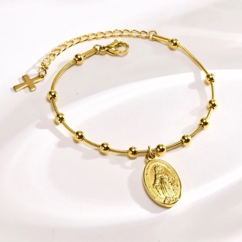 Retro IG Style Portrait Virgin Mary 201 Stainless Steel 18K Gold Plated Bracelets In Bulk Stainless Steel Bracelets