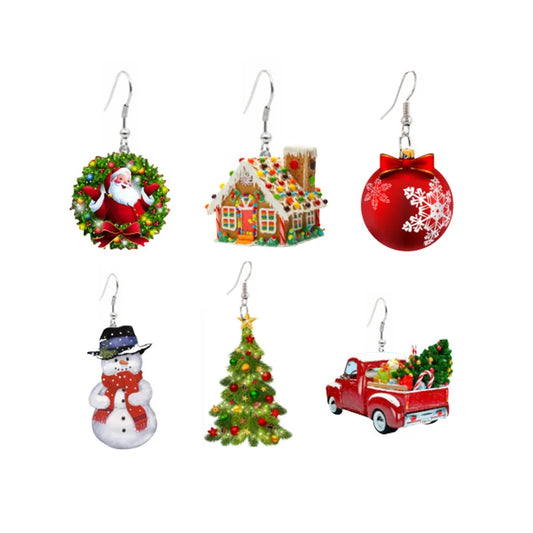 2 Pairs Santa Candy House Earrings Christmas Acrylic Truck Christmas Tree Christmas Ball Snowman Earrings