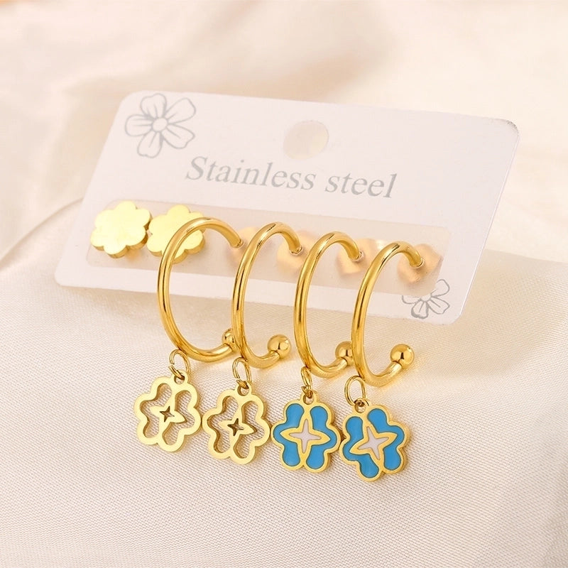 3 Pairs Minimalist Heart Shape Flower Enamel 304 Stainless Steel 18K Gold Plated Drop Earrings Ear Studs