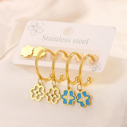 3 Pairs Minimalist Heart Shape Flower Enamel 304 Stainless Steel 18K Gold Plated Drop Earrings Ear Studs