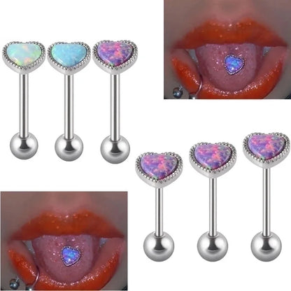2 Pieces Tongue Rings Hip-Hop Heart Shape 304 Stainless Steel Synthetic Opal Inlay Synthetic Opal Tongue Rings