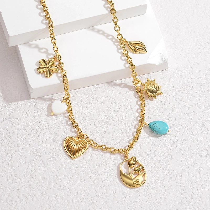 IG Style Minimalist Animal Heart Shape Flower 304 Stainless Steel 18K Gold Plated Multi Charms Pearl Multi Charms Necklace