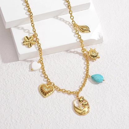 IG Style Minimalist Animal Heart Shape Flower 304 Stainless Steel 18K Gold Plated Multi Charms Pearl Multi Charms Necklace
