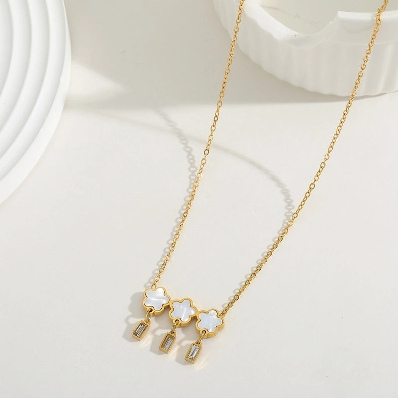 Elegant Cute Minimalist Flower 304 Stainless Steel Acrylic Zircon 18K Gold Plated Inlay Pendant Necklace