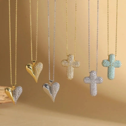 Copper Cable Chain 14K Gold Plated Cross Heart Shape Zircon Necklace