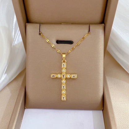 Minimalist Cross Titanium Steel Copper Zircon Pendant Necklace In Bulk