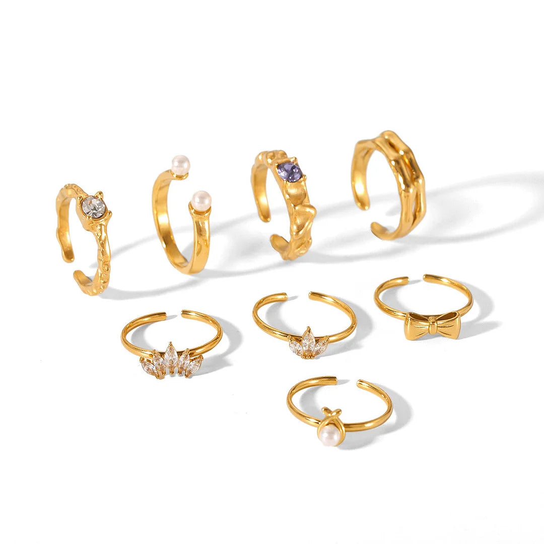 Open Ring IG Style Textured Pearl Bowknot Geometric Stainless Steel Zircon Inlay Rings