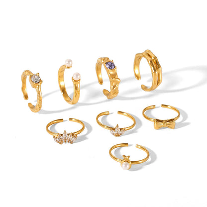 Open Ring IG Style Textured Pearl Bowknot Geometric Stainless Steel Zircon Inlay Rings