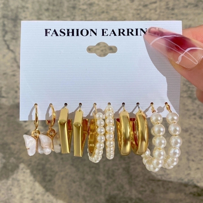 Geometric Plating Alloy Pearl Hoop Earrings