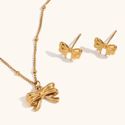 316L Stainless Steel 18K Gold Plated Elegant Bow Knot Earrings Necklace