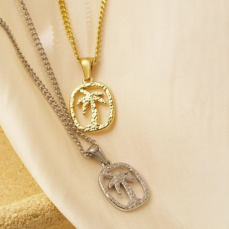 Beach Coconut Tree 304 Stainless Steel 18K Gold Plated Plating Hollow Out Pendant Necklace