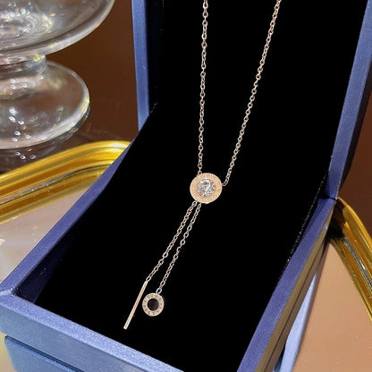 Elegant Classic Style Geometric Moon Bow Knot Titanium Steel Zircon Pendant Necklace