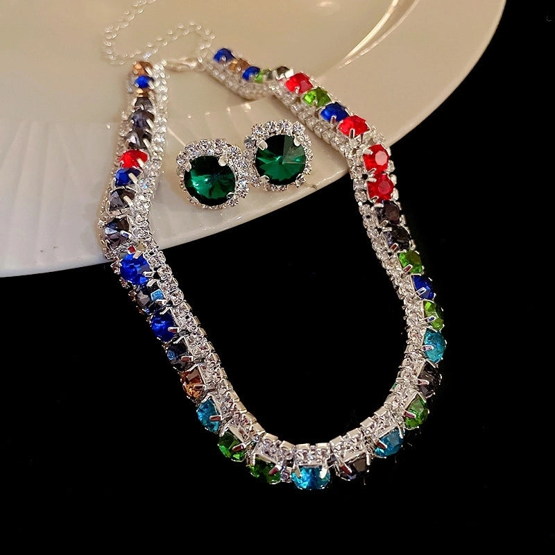 Explosions Zircon Diamond Geometric Necklace Earrings Suit Light Luxury Clavicle Chain High Sense Temperament Jewelry