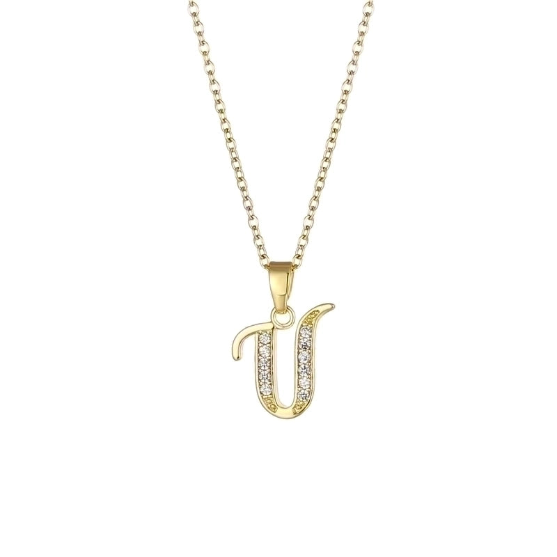 Stainless Steel Titanium Steel 18K Gold Plated Fashion Plating Inlay Letter Zircon Pendant Necklace