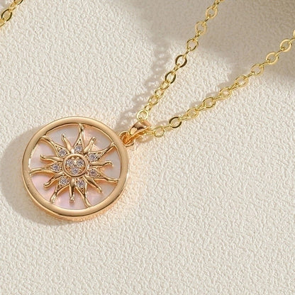 Cute Minimalist Hexagram Sun Copper Plating Inlay Shell Zircon 14k Gold Plated White Gold Plated Pendant Necklace
