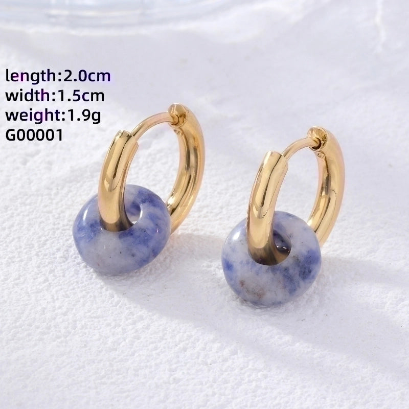 2 Pieces Retro Minimalist Round Plating 304 Stainless Steel Natural Stone Gold Plated Earrings