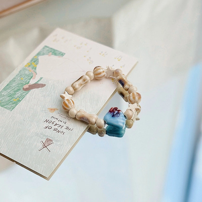 Jingdezhen Ceramic Bracelet New Color-free Women's Summer Student's Antique Beaded Bracelet Small Fresh And Popular
