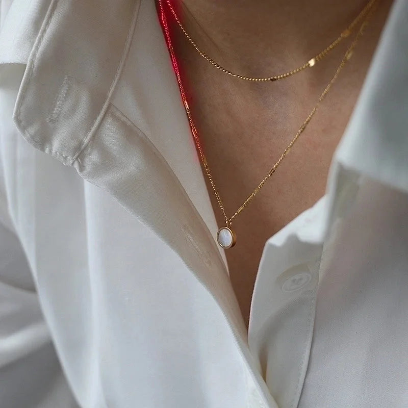 Minimalist Round Titanium Steel Plating Inlay Shell Double Layer Necklaces 1 Piece